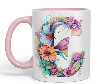 Letter C mug, Floral flowers butterfly Alphabet Letter C Monogram watercolour Ceramic Coloured Mug Cup for Tea Coffee Hot brew 330ml 11Oz Gift