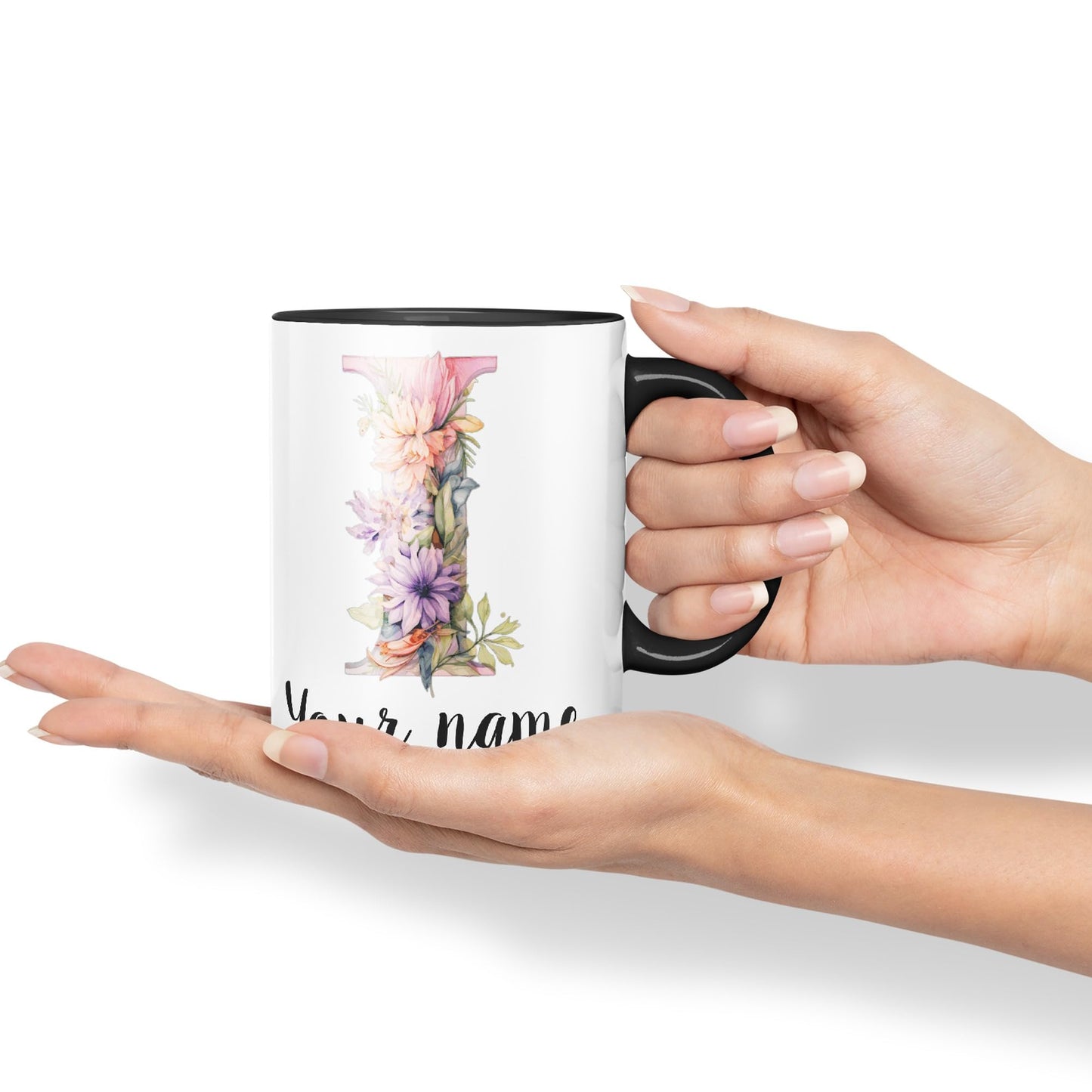 Personalised Letter I mug, Customized Custom Floral flowers butterfly Alphabet Letter I Monogram watercolour Ceramic Coloured Mug Cup for Tea Coffee Hot brew 330ml 11Oz Gift