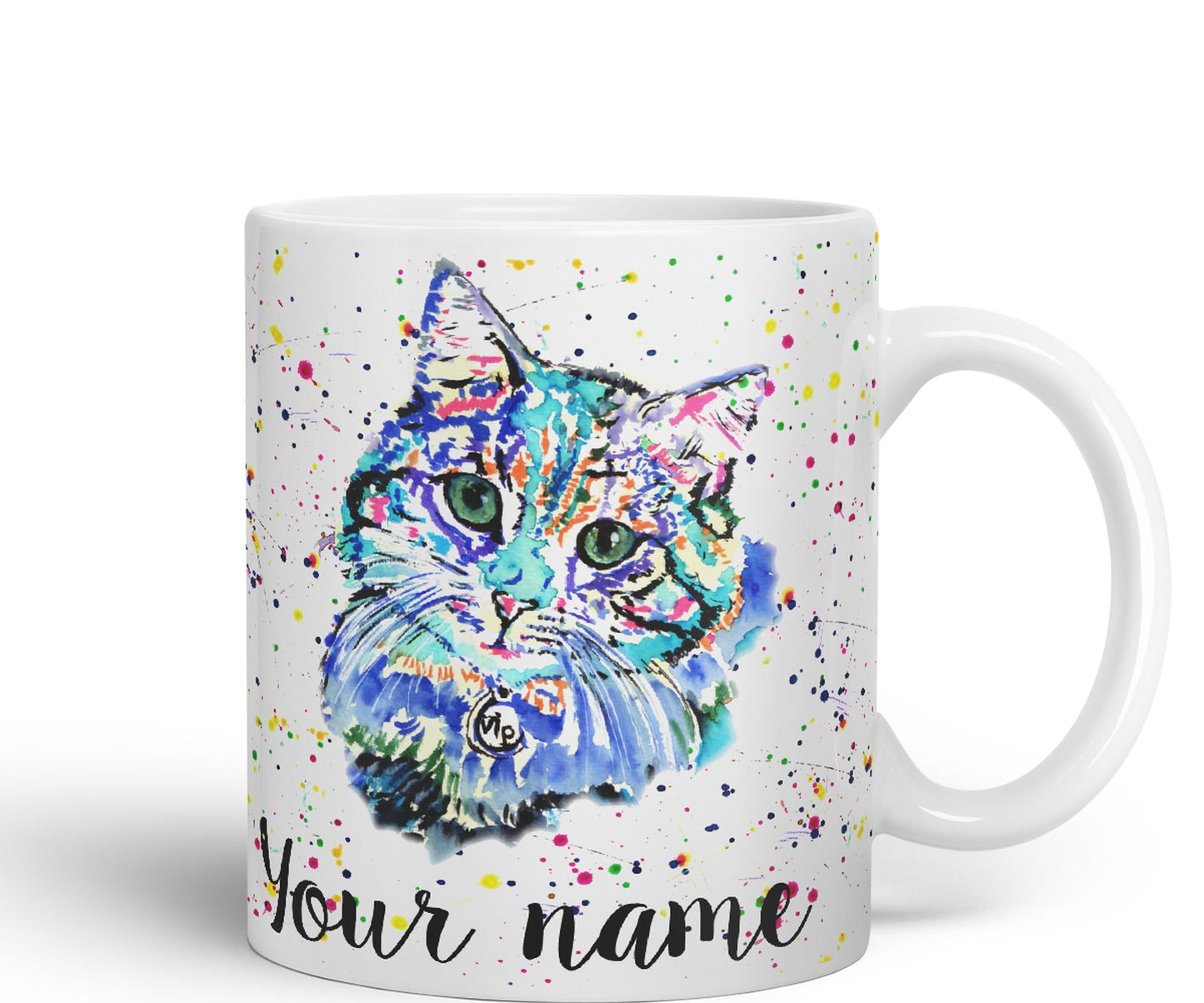 Vixar Personalised with Your Text Blue Cat Kitten Feline Watercolour Art Coloured Ceramic Mug Cup Gift 330ml 11oz Custom Work Office Tea Coffee