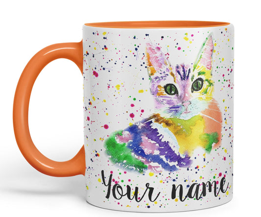 Vixar Personalised with Your Text Cat Kitten Feline Pet Animals Watercolour Art Coloured Ceramic Mug Cup Gift 330ml 11oz Custom Work Office Tea Coffee