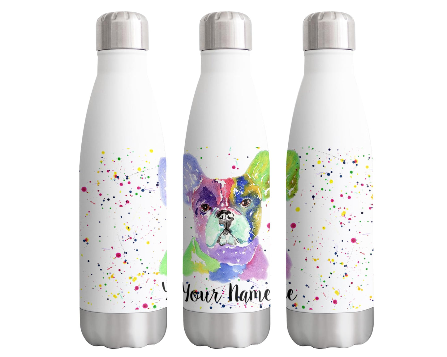 Vixar French Bulldog Personalised Custom Bottle with your Text/name Frenchie Dog pet Watercolour Bottle Double Wall Insulated Stainless Steel Sport Drinks 500ml