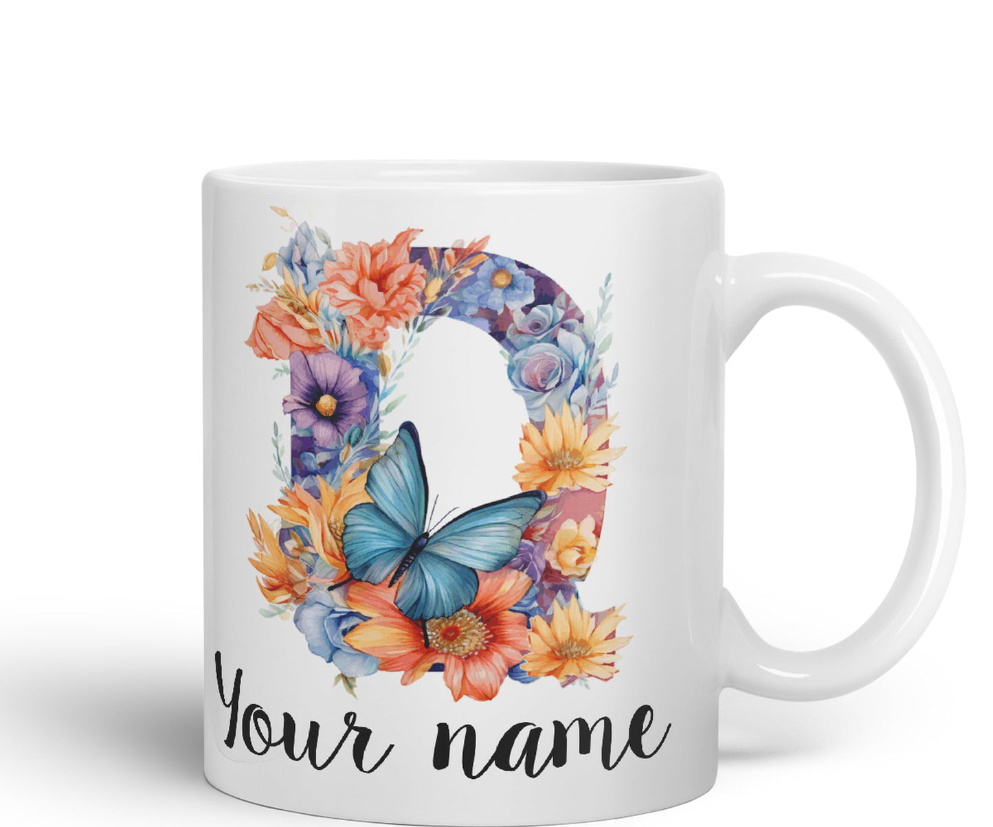 Personalised Letter Q mug, Customized Custom Floral flowers butterfly Alphabet Letter Q Monogram watercolour Ceramic Coloured Mug Cup for Tea Coffee Hot brew 330ml 11Oz Gift