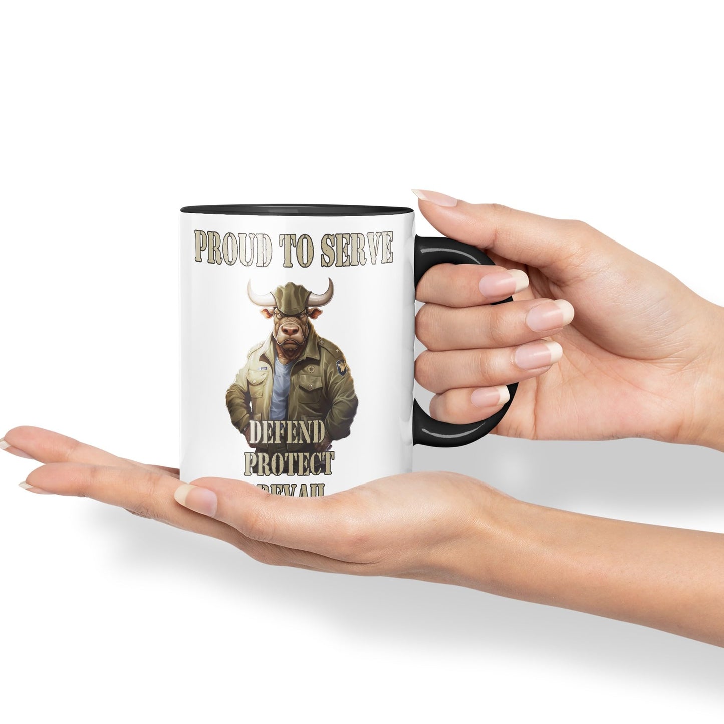 Proud to Serve Defend Protect Prevail Army Soldier Joke sarkasm Sarcastic Ceramic Coloured Mug Cup for Tea Coffee Hot Brew 330ml 11Oz Gift