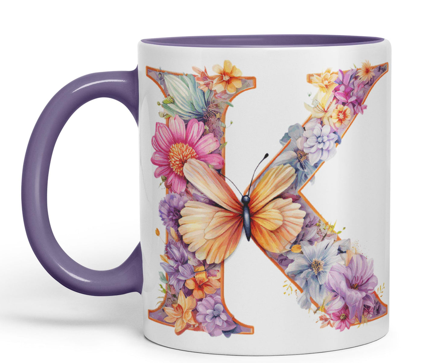 Letter K mug, Floral flowers butterfly Alphabet Letter K Monogram watercolour Ceramic Coloured Mug Cup for Tea Coffee Hot brew 330ml 11Oz Gift