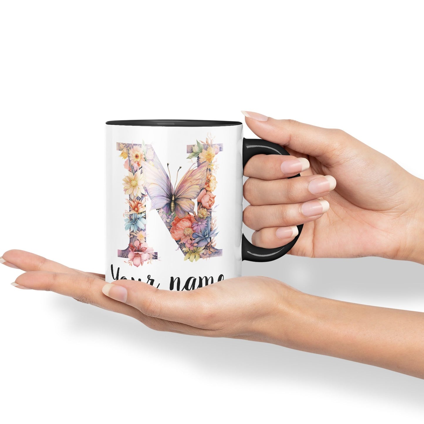 Personalised Letter N mug, Customized Custom Floral flowers butterfly Alphabet Letter N Monogram watercolour Ceramic Coloured Mug Cup for Tea Coffee Hot brew 330ml 11Oz Gift