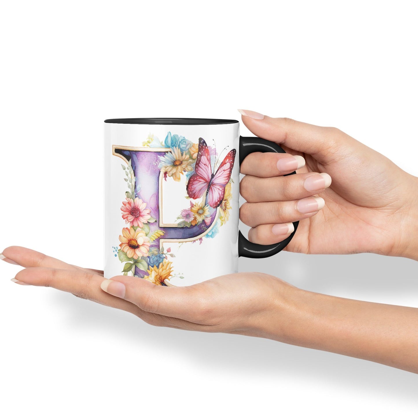 Letter P mug, Floral flowers butterfly Alphabet Letter P Monogram watercolour Ceramic Coloured Mug Cup for Tea Coffee Hot brew 330ml 11Oz