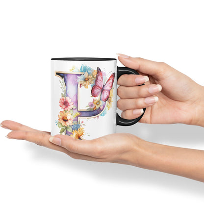 Letter P mug, Floral flowers butterfly Alphabet Letter P Monogram watercolour Ceramic Coloured Mug Cup for Tea Coffee Hot brew 330ml 11Oz
