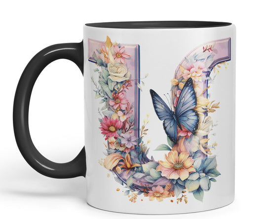 Letter U mug, Floral flowers butterfly Alphabet Letter U Monogram watercolour Ceramic Coloured Mug Cup for Tea Coffee Hot brew 330ml 11Oz Gift