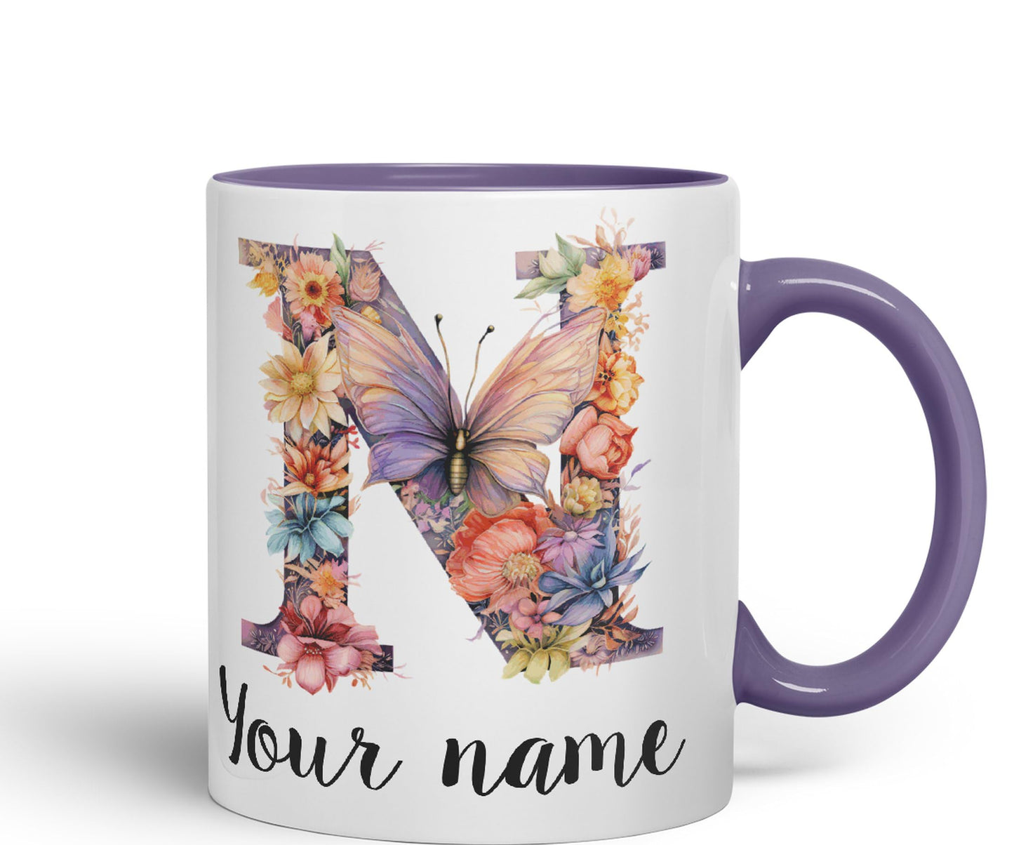 Personalised Letter N mug, Customized Custom Floral flowers butterfly Alphabet Letter N Monogram watercolour Ceramic Coloured Mug Cup for Tea Coffee Hot brew 330ml 11Oz Gift