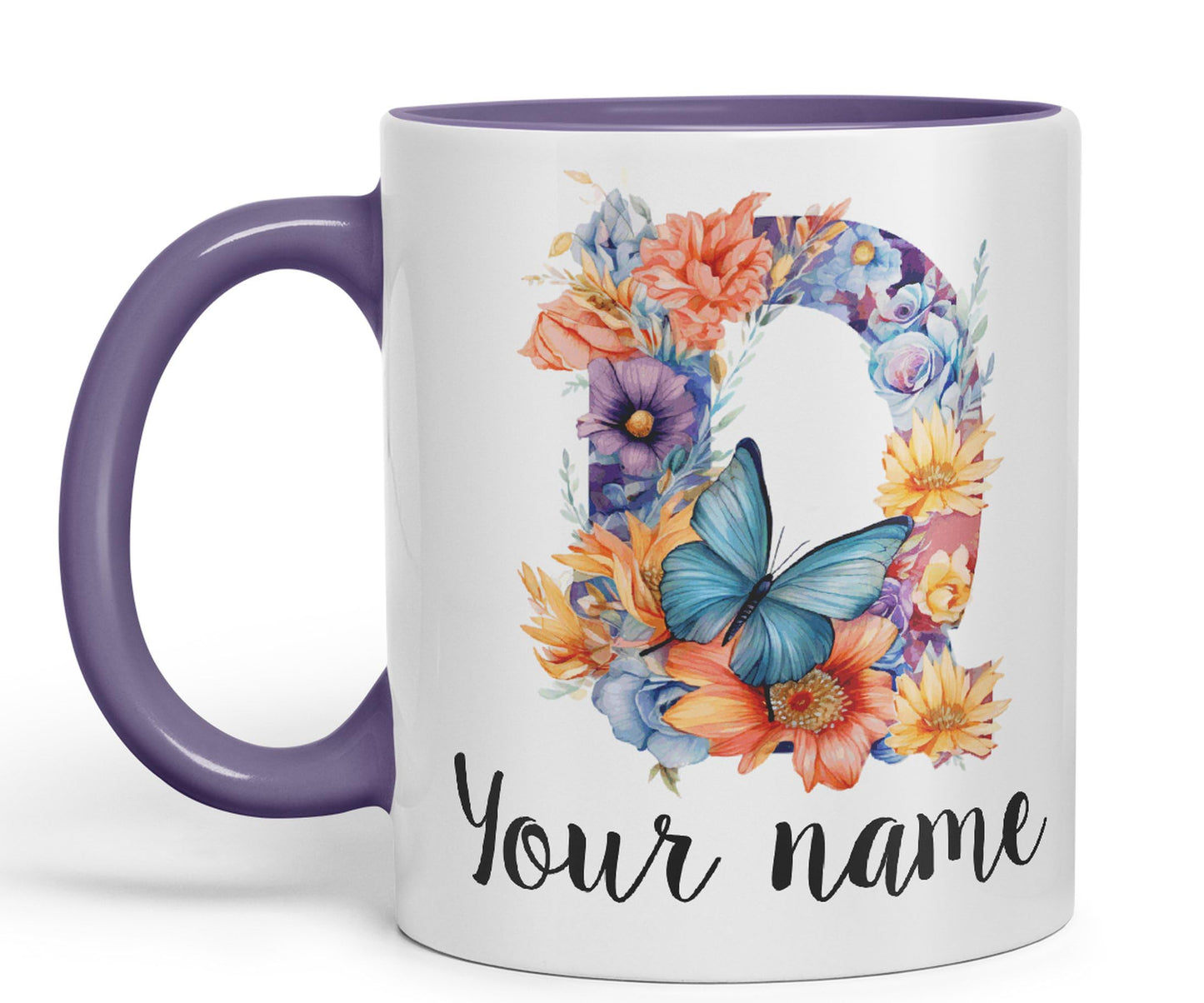 Personalised Letter Q mug, Customized Custom Floral flowers butterfly Alphabet Letter Q Monogram watercolour Ceramic Coloured Mug Cup for Tea Coffee Hot brew 330ml 11Oz Gift