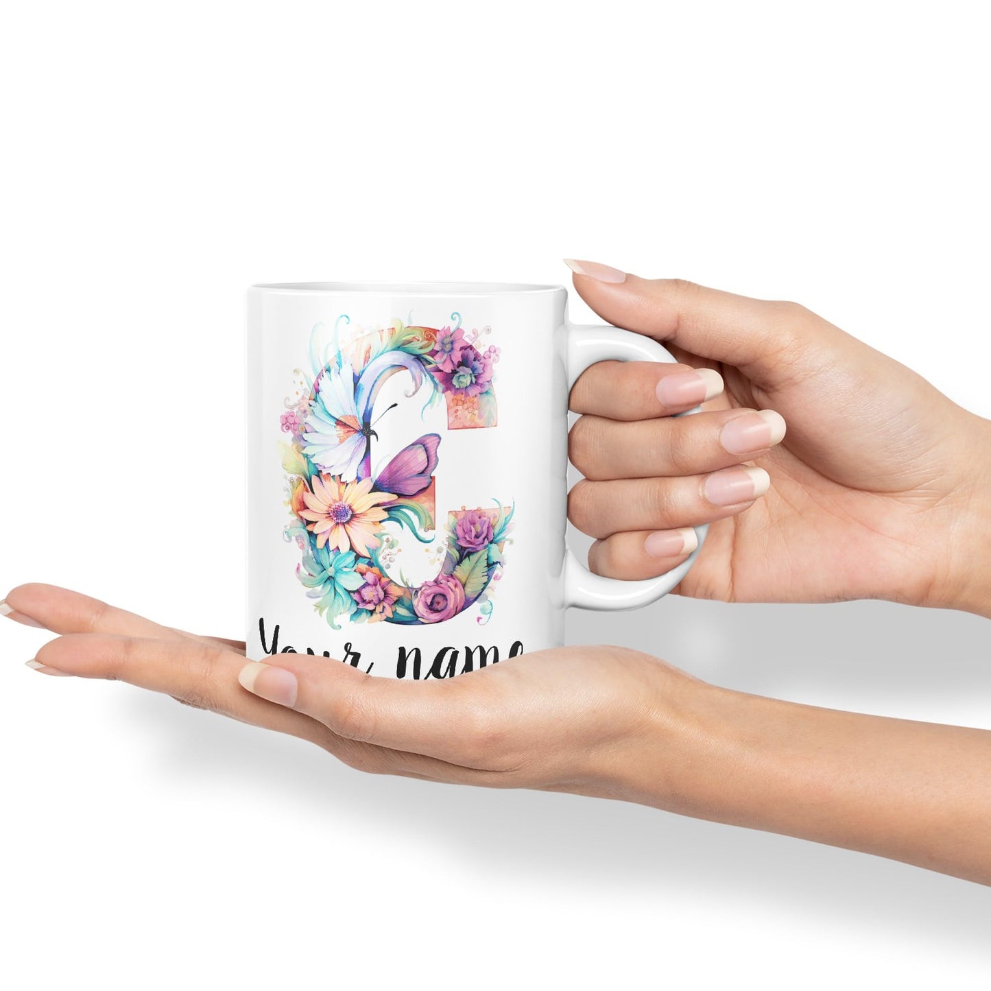 Personalised Letter C mug, Customized Custom Floral flowers butterfly Alphabet Letter C Monogram watercolour Ceramic Coloured Mug Cup for Tea Coffee Hot brew 330ml 11Oz Gift