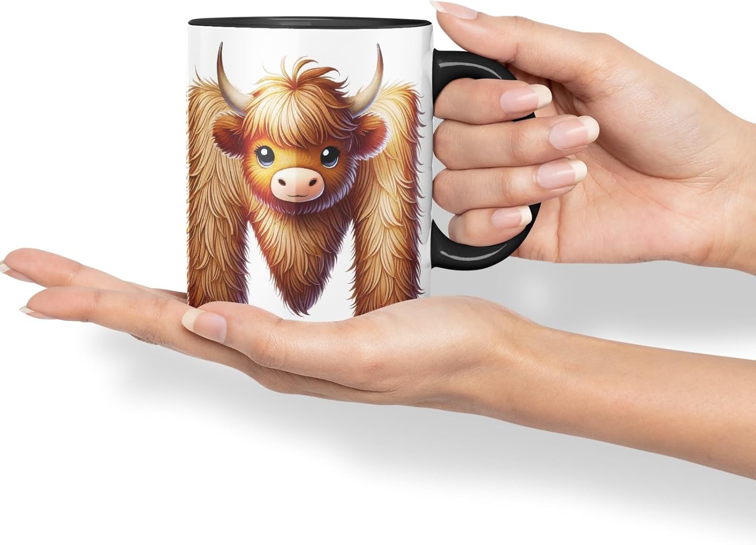 Highland Cow Alphabet Monogram Coloured Ceramic Cup Mug Letter M Rustic Farmhouse Animal Letter Gift V2 11oz (Black)