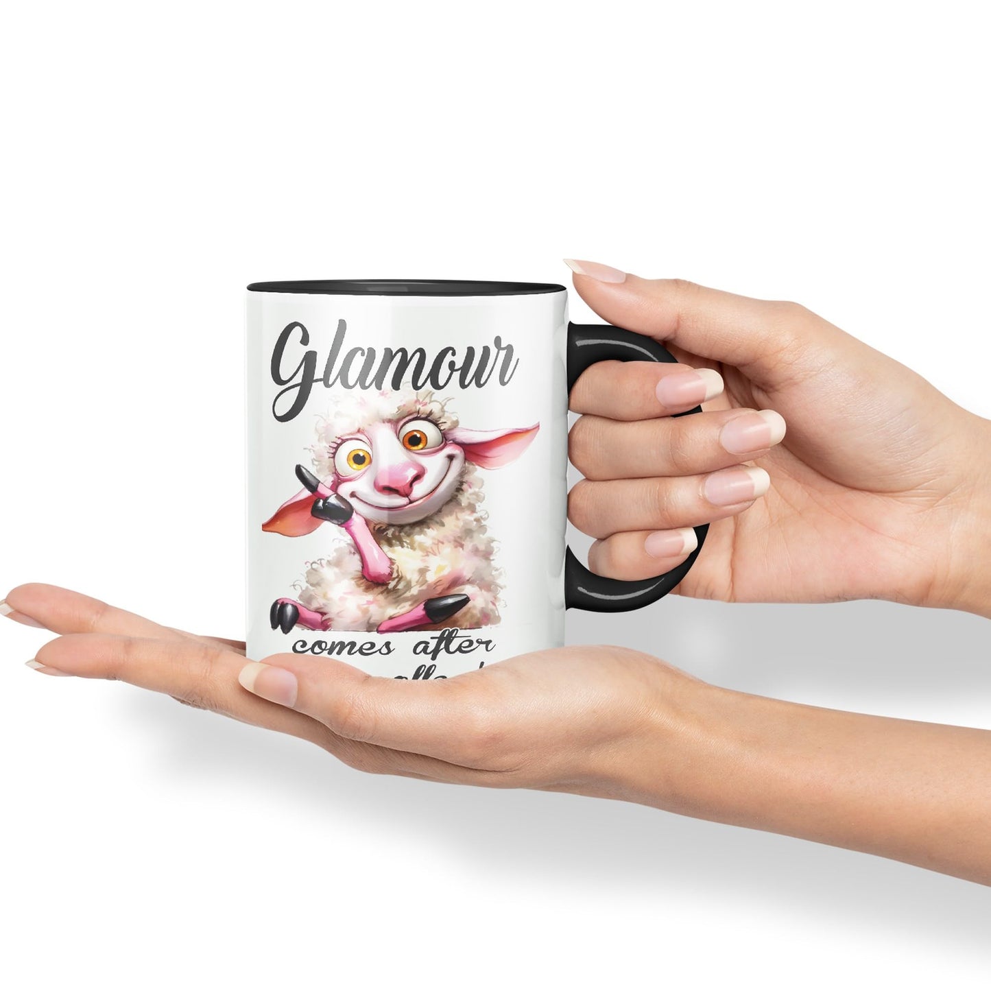 Glamour Comes After My Coffee! Sheep Joke sarkasm Sarcastic Ceramic Coloured Mug Cup for Tea Coffee Hot Brew 330ml 11Oz Gift