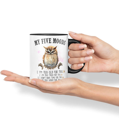My Five Moods owl Sarcastic Joke Ceramic Coloured Mug Cup for Tea Coffee Hot Brew 330ml 11Oz