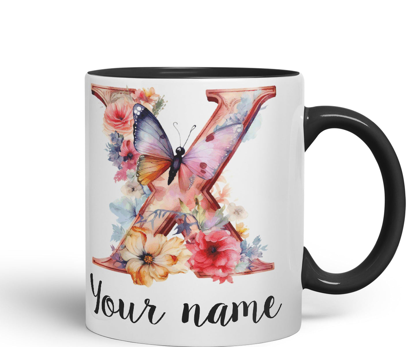 Personalised Letter X mug, Customized Custom Floral flowers butterfly Alphabet Letter X Monogram watercolour Ceramic Coloured Mug Cup for Tea Coffee Hot brew 330ml 11Oz Gift