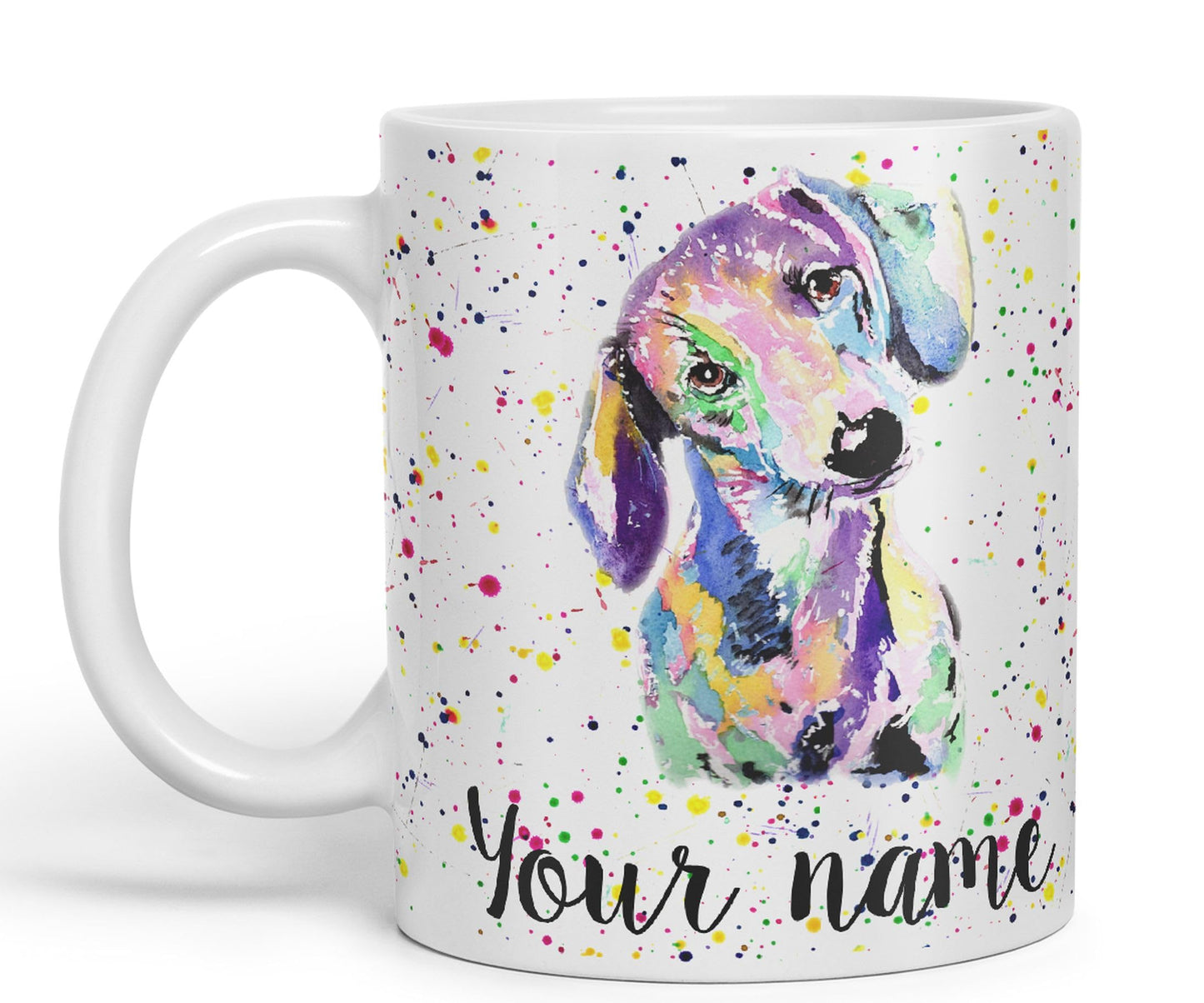 Vixar Personalised with Your Text Dachshund Sausage Dog Wiener Badger Pet Watercolour Art Coloured Ceramic Mug Cup Gift 330ml 11oz Custom Work Office Tea Coffee