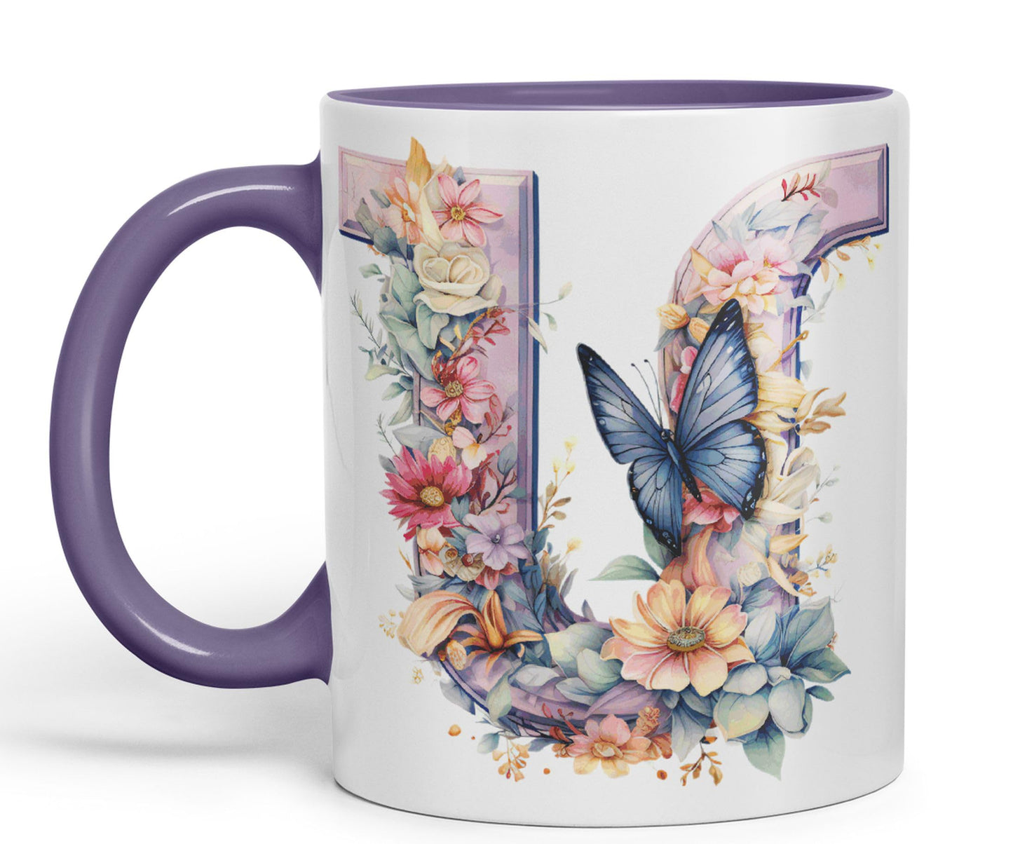 Letter U mug, Floral flowers butterfly Alphabet Letter U Monogram watercolour Ceramic Coloured Mug Cup for Tea Coffee Hot brew 330ml 11Oz Gift