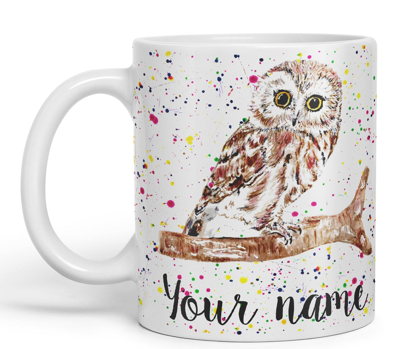 Vixar Personalised with Your Text Owl Bird Watercolour Art Coloured Ceramic Mug Cup Gift 330ml 11oz Custom Work Office Tea Coffee (O2)