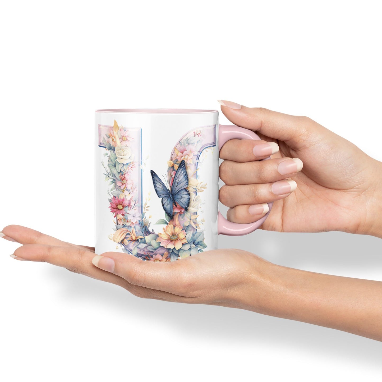 Letter U mug, Floral flowers butterfly Alphabet Letter U Monogram watercolour Ceramic Coloured Mug Cup for Tea Coffee Hot brew 330ml 11Oz Gift