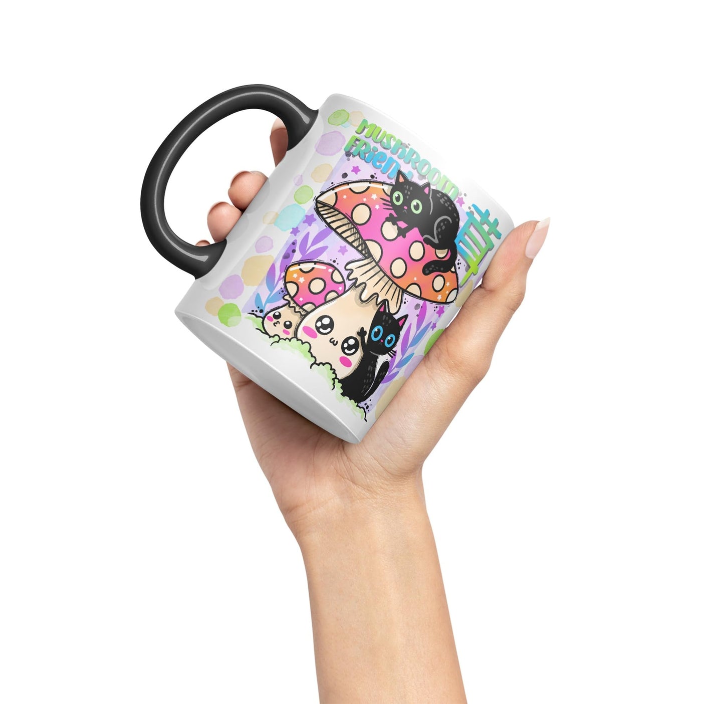Vixar Mushroom with Cats Cat Friend Coloured Ceramic Mug Cup Gift 330ml 11oz Work Office Tea Coffee Valentines