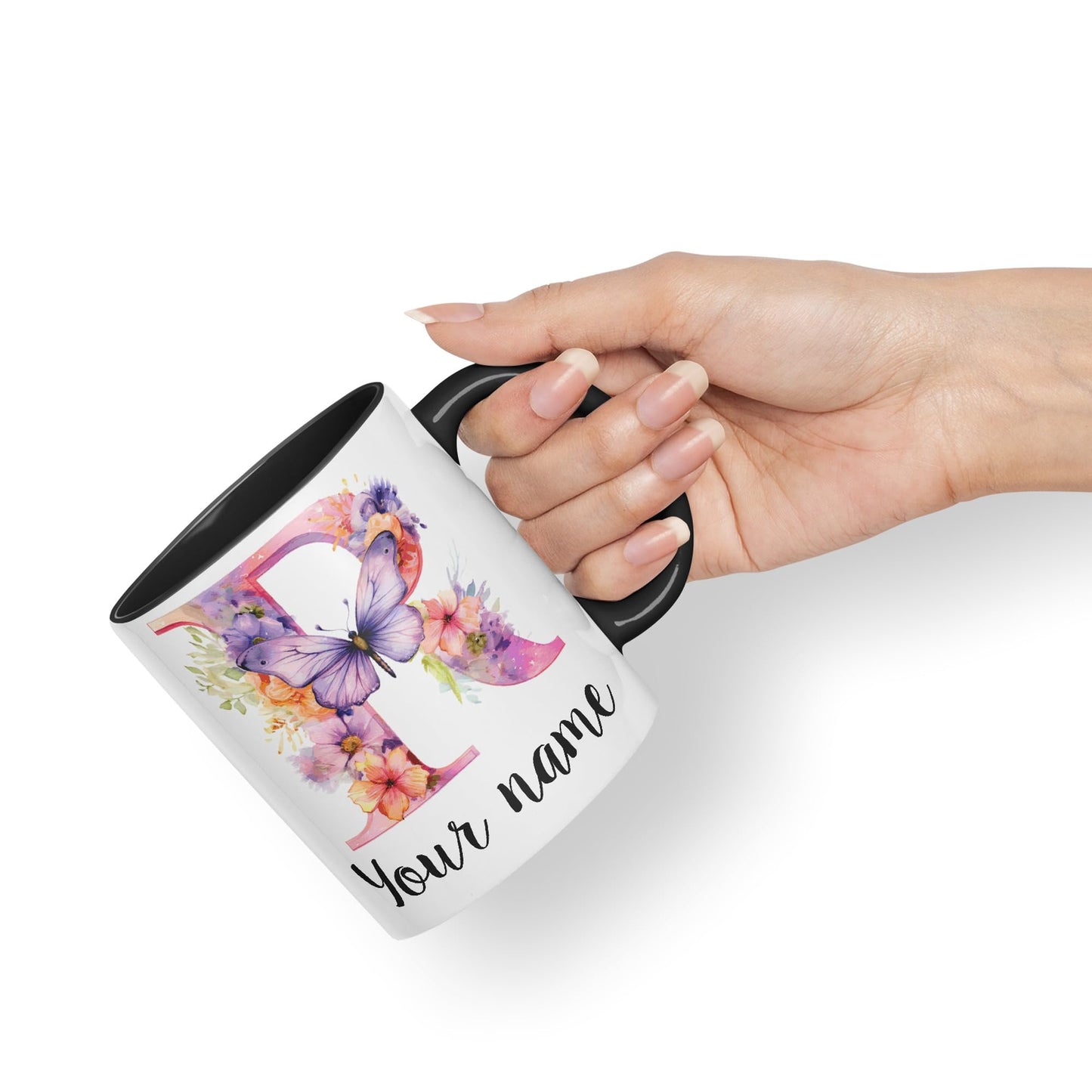 Personalised Letter R mug, Customized Custom Floral flowers butterfly Alphabet Letter R Monogram watercolour Ceramic Coloured Mug Cup for Tea Coffee Hot brew 330ml 11Oz Gift