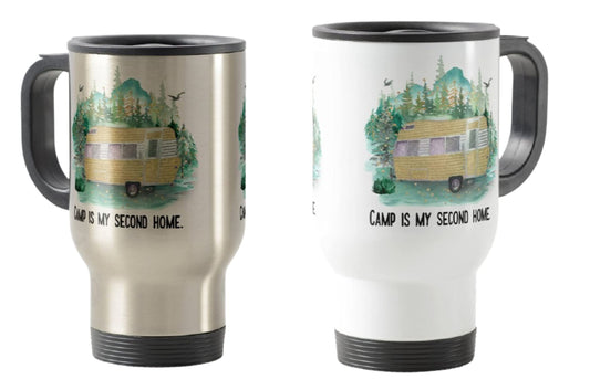 Travel Mug, Camp is My Second Home,Camping, Caravan, Campervan, Holiday, Cup Novelty Office Birthday Christmas Coffee Gift Tea Present White or Silver