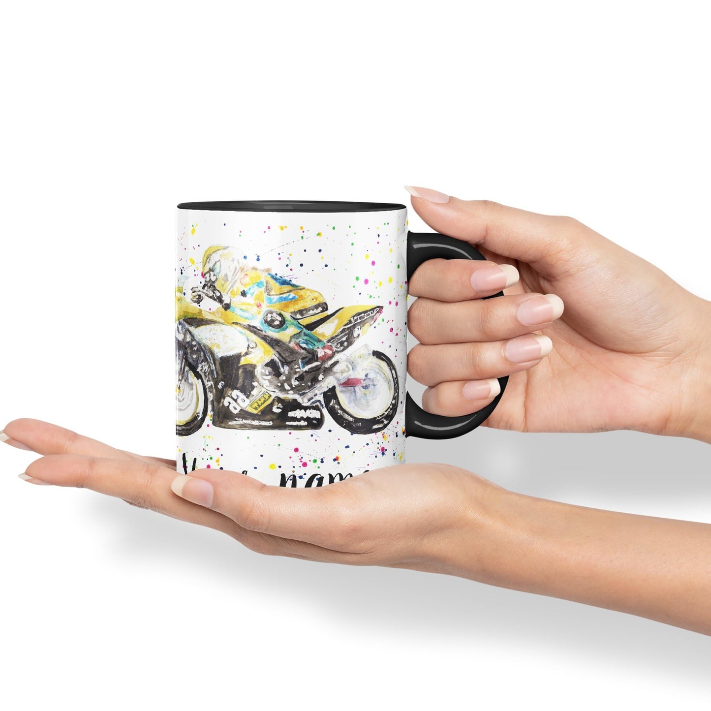 Vixar Personalised with Your Text Motorbike Motocycle Watercolour Art Coloured Ceramic Mug Cup Gift 330ml 11oz Custom Work Office Tea Coffee