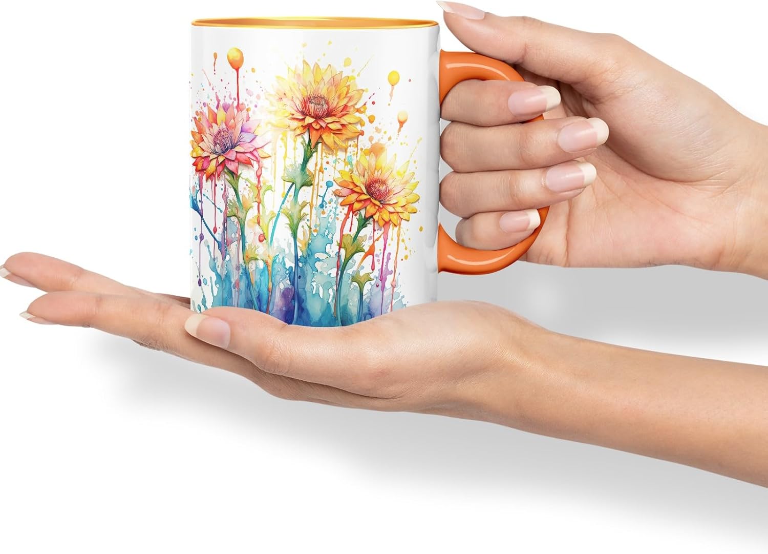 Vixar Calendula Garden Bloom Mug Coloured Ceramic Mug Cup Gift, 11oz (Orange)
