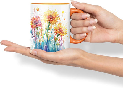Vixar Calendula Garden Bloom Mug Coloured Ceramic Mug Cup Gift, 11oz (Orange)