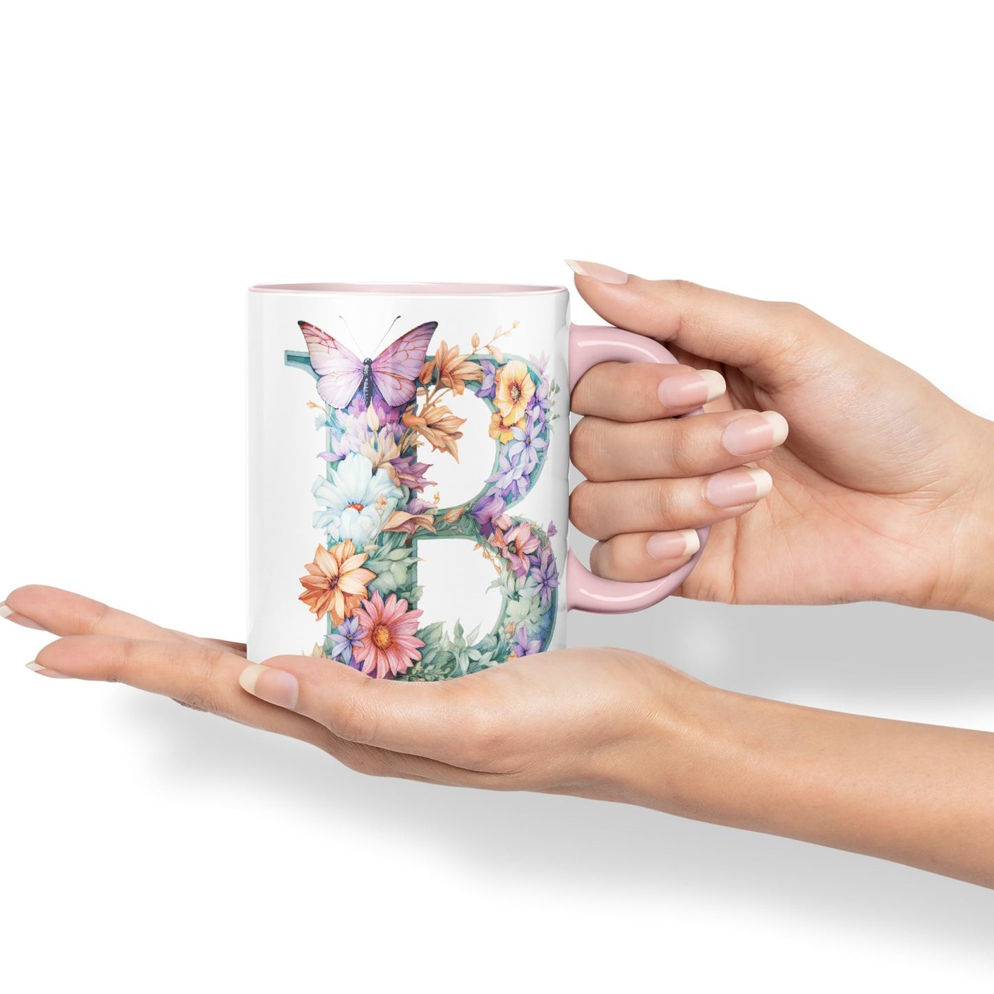 Letter B mug, Floral flowers butterfly Alphabet Letter B Monogram watercolour Ceramic Coloured Mug Cup for Tea Coffee Hot brew 330ml 11Oz Gift