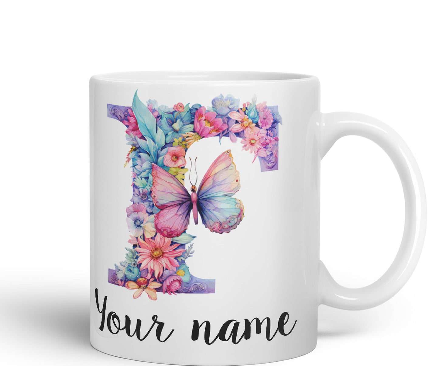 Personalised Letter F mug, Customized Custom Floral flowers butterfly Alphabet Letter F Monogram watercolour Ceramic Coloured Mug Cup for Tea Coffee Hot brew 330ml 11Oz Gift