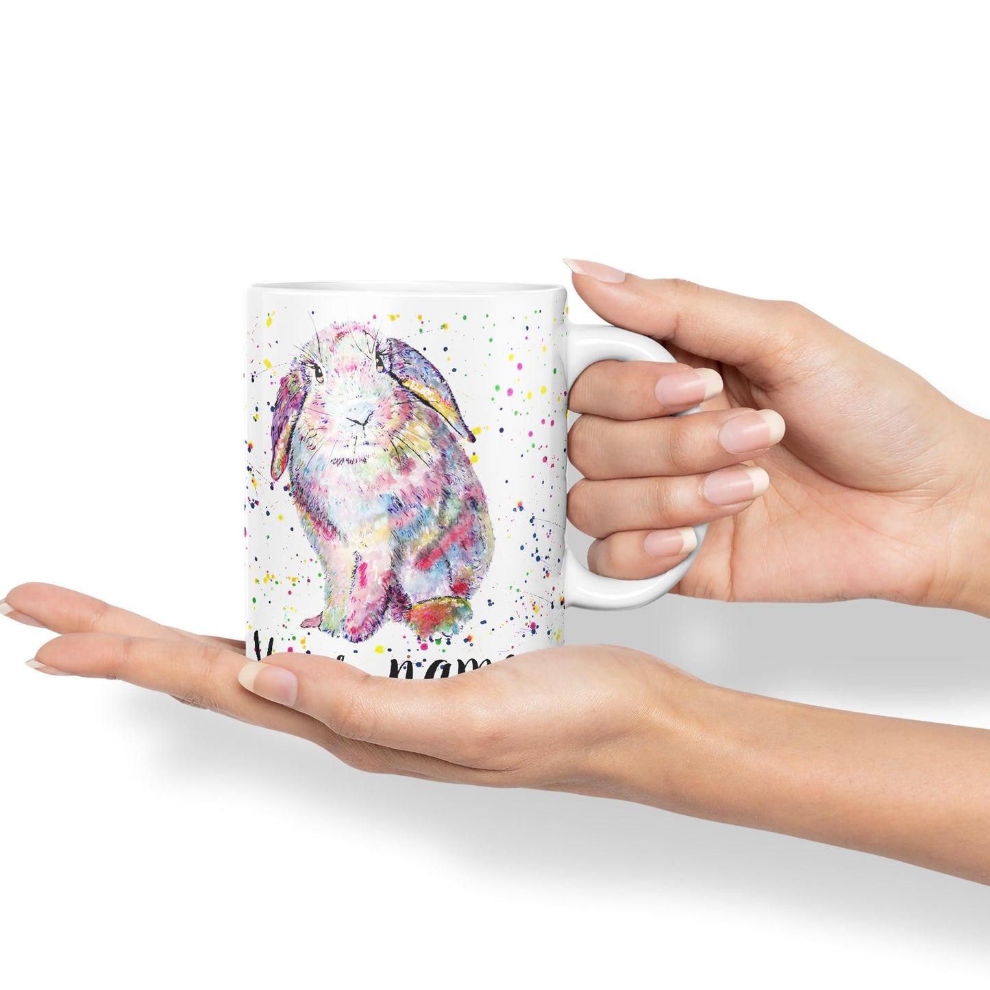 Vixar Personalised with Your Text Lop Rabbit Bunny Eared Watercolour Art Coloured Ceramic Mug Cup Gift 330ml 11oz Custom Work Office Tea Coffee