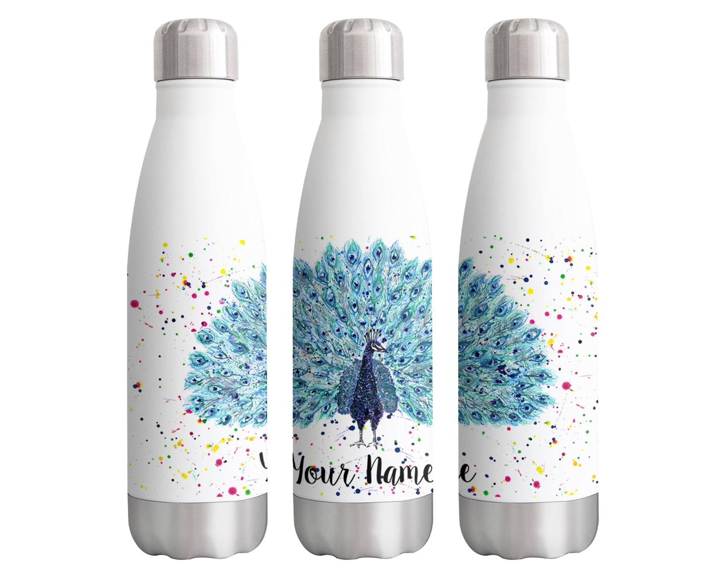 Vixar Peacock Personalised Custom Bottle with your Text/name Watercolour Peafowl Bird Animals Bottle Double Wall Insulated Stainless Steel Sport Drinks 500ml