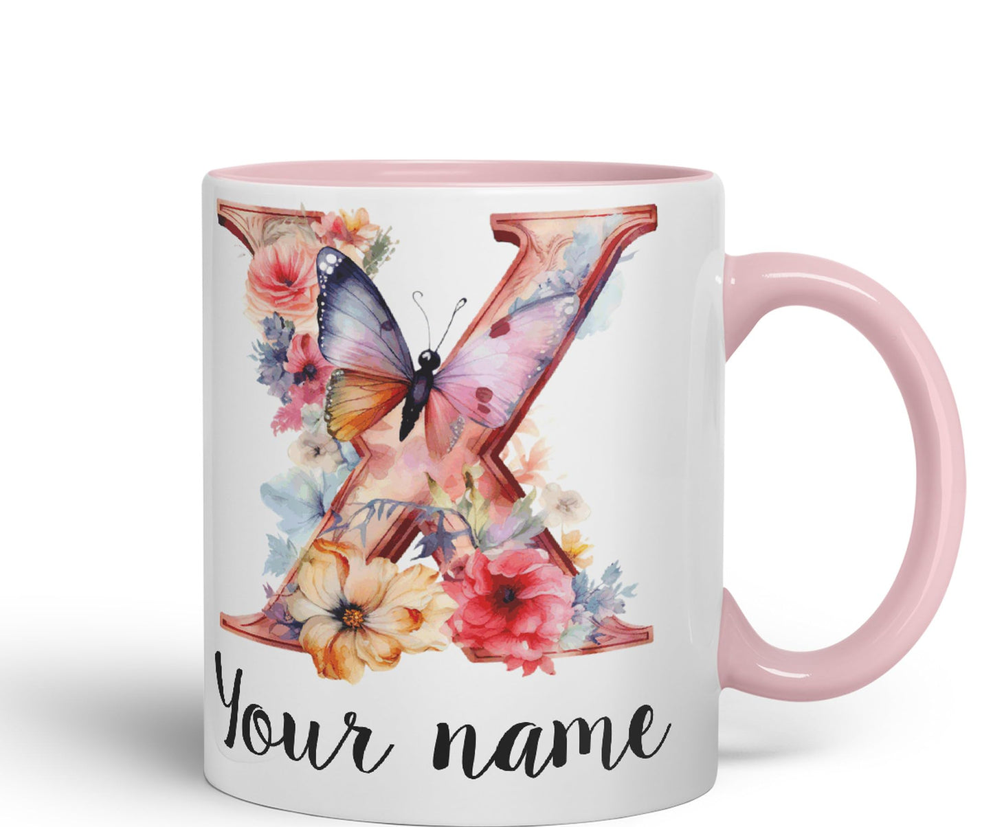 Personalised Letter X mug, Customized Custom Floral flowers butterfly Alphabet Letter X Monogram watercolour Ceramic Coloured Mug Cup for Tea Coffee Hot brew 330ml 11Oz Gift