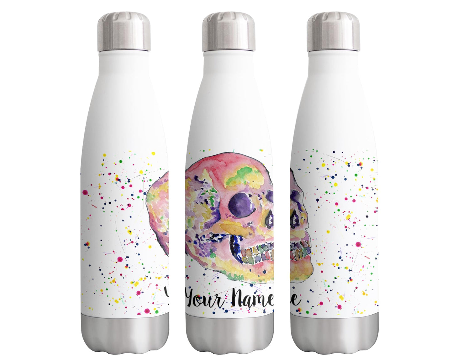 Vixar Skull (2) Personalised Custom Bottle with your Text/name Watercolour Bottle double Wall insulated Stainless steel sport Drinks 500ml