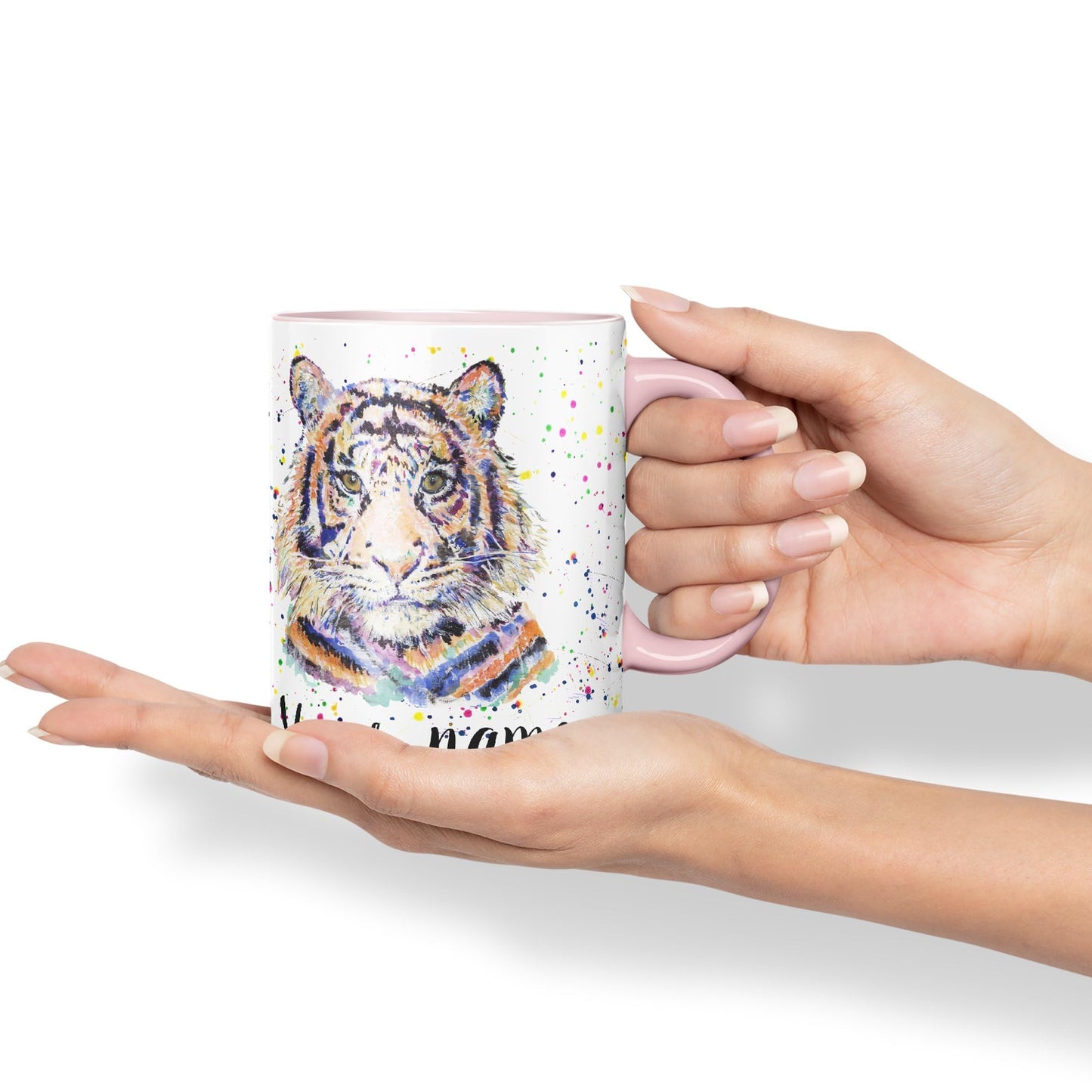 Vixar Personalised with Your Text Tiger Cat Safari Animals Watercolour Art Coloured Ceramic Mug Cup Gift 330ml 11oz Custom Work Office Tea Coffee (O2)