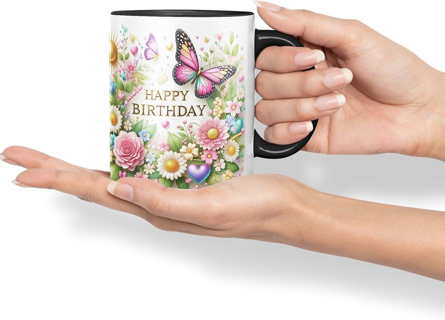 Vixar Happy Birthday Sun Roses Butterflies Coloured Ceramic Mug Cup Gift 11oz V14 (Black)