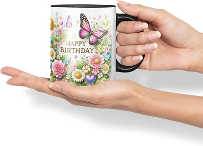 Vixar Happy Birthday Sun Roses Butterflies Coloured Ceramic Mug Cup Gift 11oz V14 (Black)