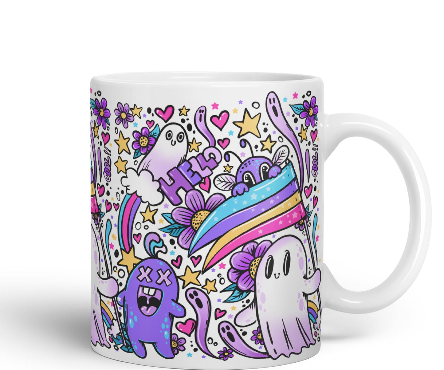 Vixar Hello Cool Kawaii Ghosts Coloured Ceramic Mug Cup Gift 330ml 11oz Work Office Tea Coffee