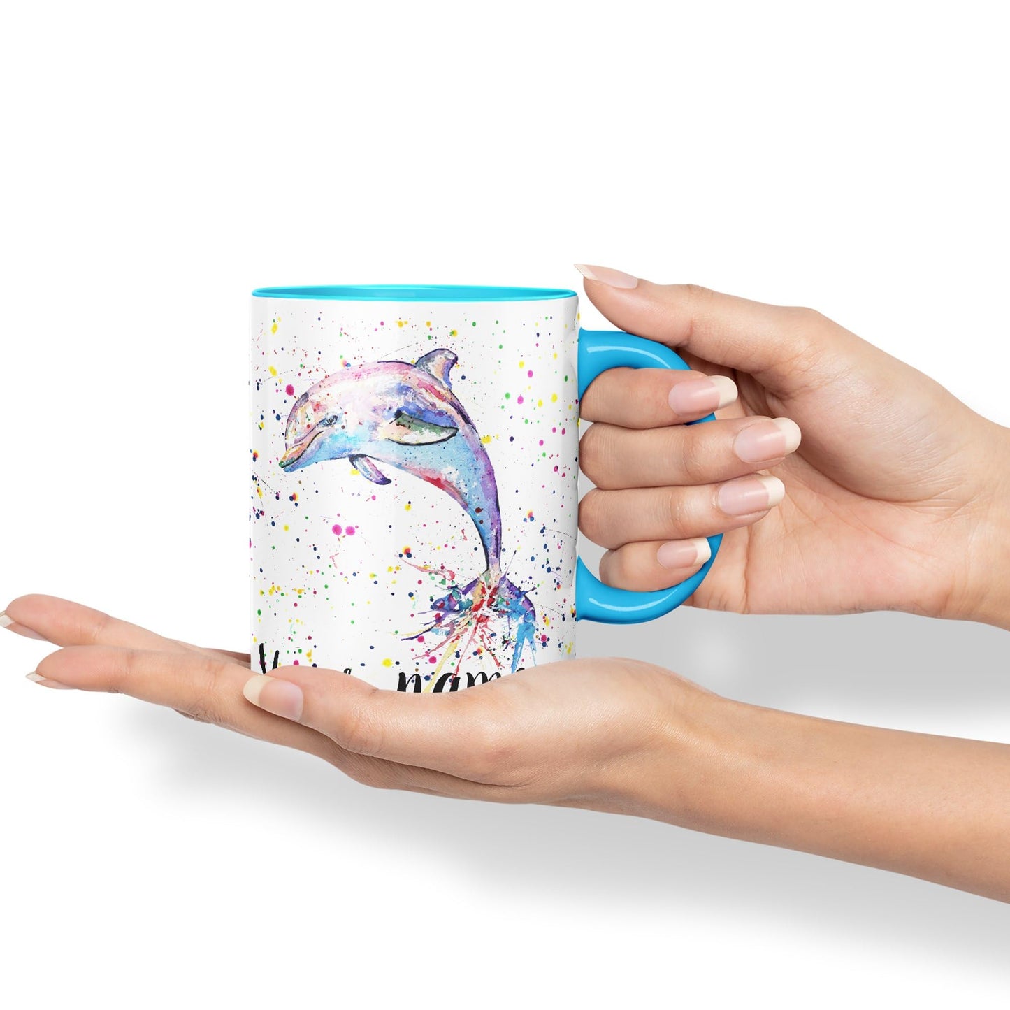 Vixar Personalised with Your Text Dolphin Sea Animal Watercolour Art Coloured Ceramic Mug Cup Gift 330ml 11oz Custom Work Office Tea Coffee