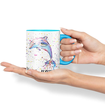 Vixar Personalised with Your Text Dolphin Sea Animal Watercolour Art Coloured Ceramic Mug Cup Gift 330ml 11oz Custom Work Office Tea Coffee