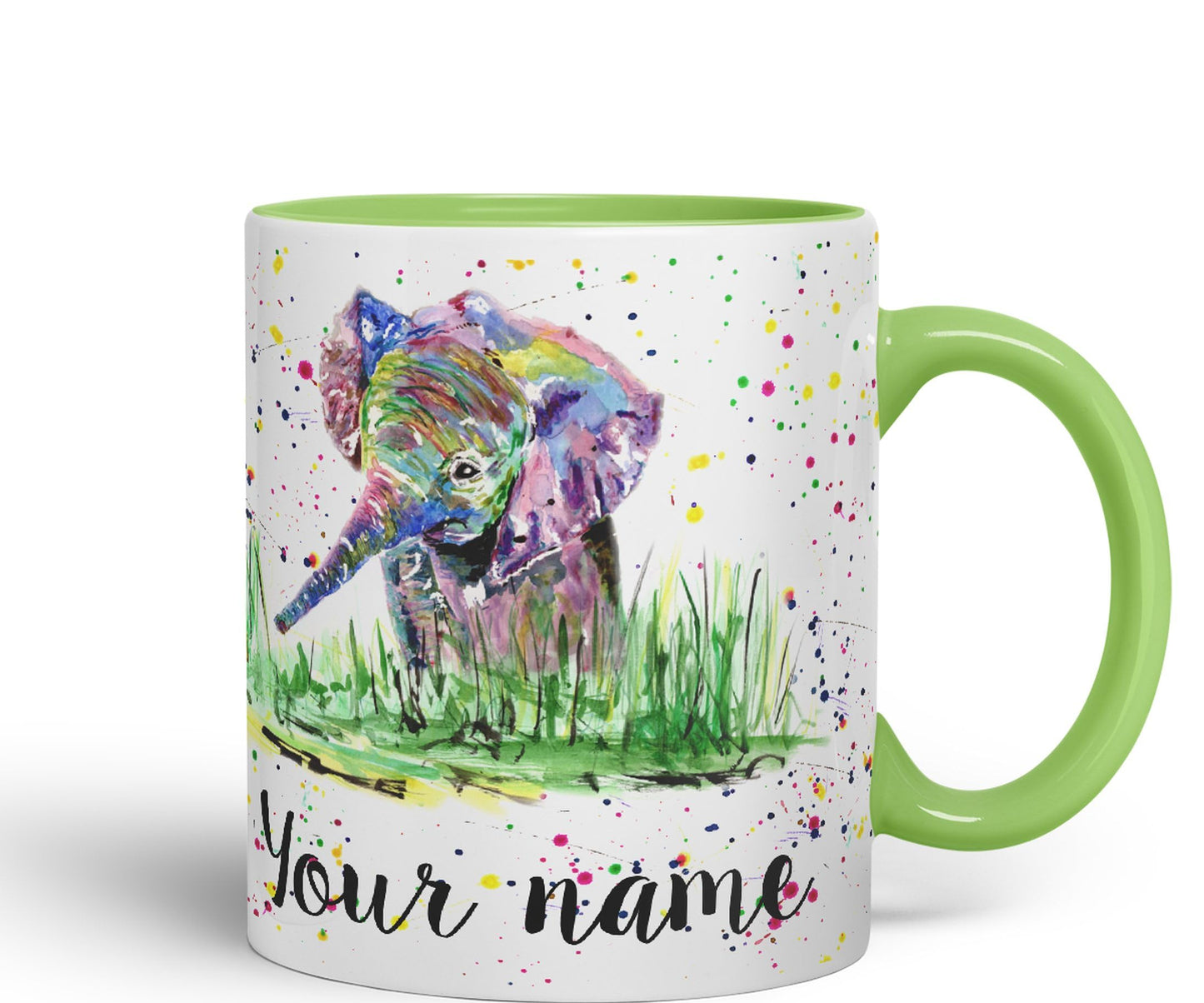 Personalised mug with Your Text name Elephant Baby animals Watercolour Art Coloured Ceramic Mug Cup Gift 330ml 11oz Custom Work Office Tea Coffee