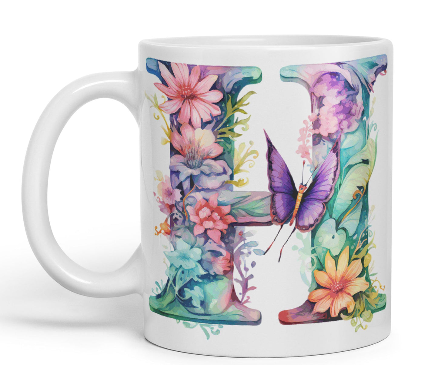 Letter H mug, Floral flowers butterfly Alphabet Letter H Monogram watercolour Ceramic Coloured Mug Cup for Tea Coffee Hot brew 330ml 11Oz Gift
