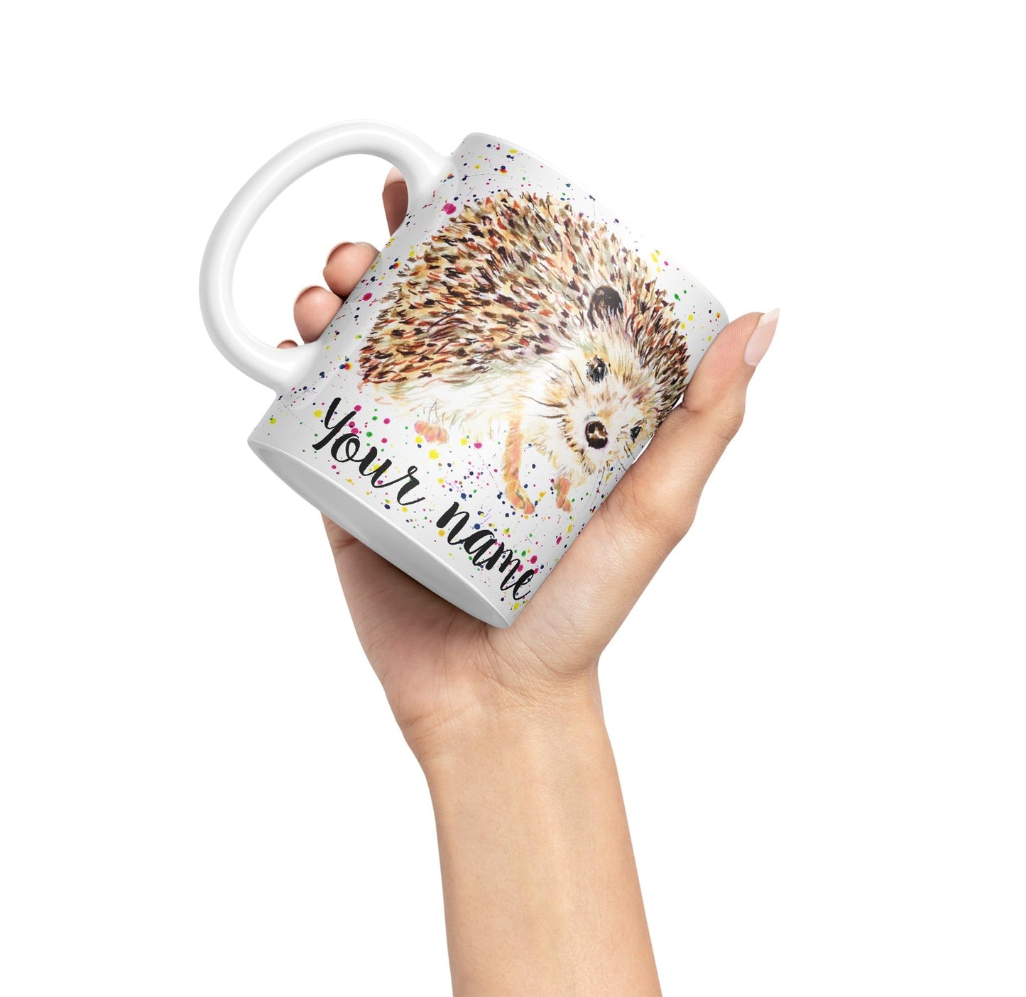 Vixar Personalised with Your Text Hedgehog British Wildlife Watercolour Art Coloured Ceramic Mug Cup Gift 330ml 11oz Custom Work Office Tea Coffee (h2)