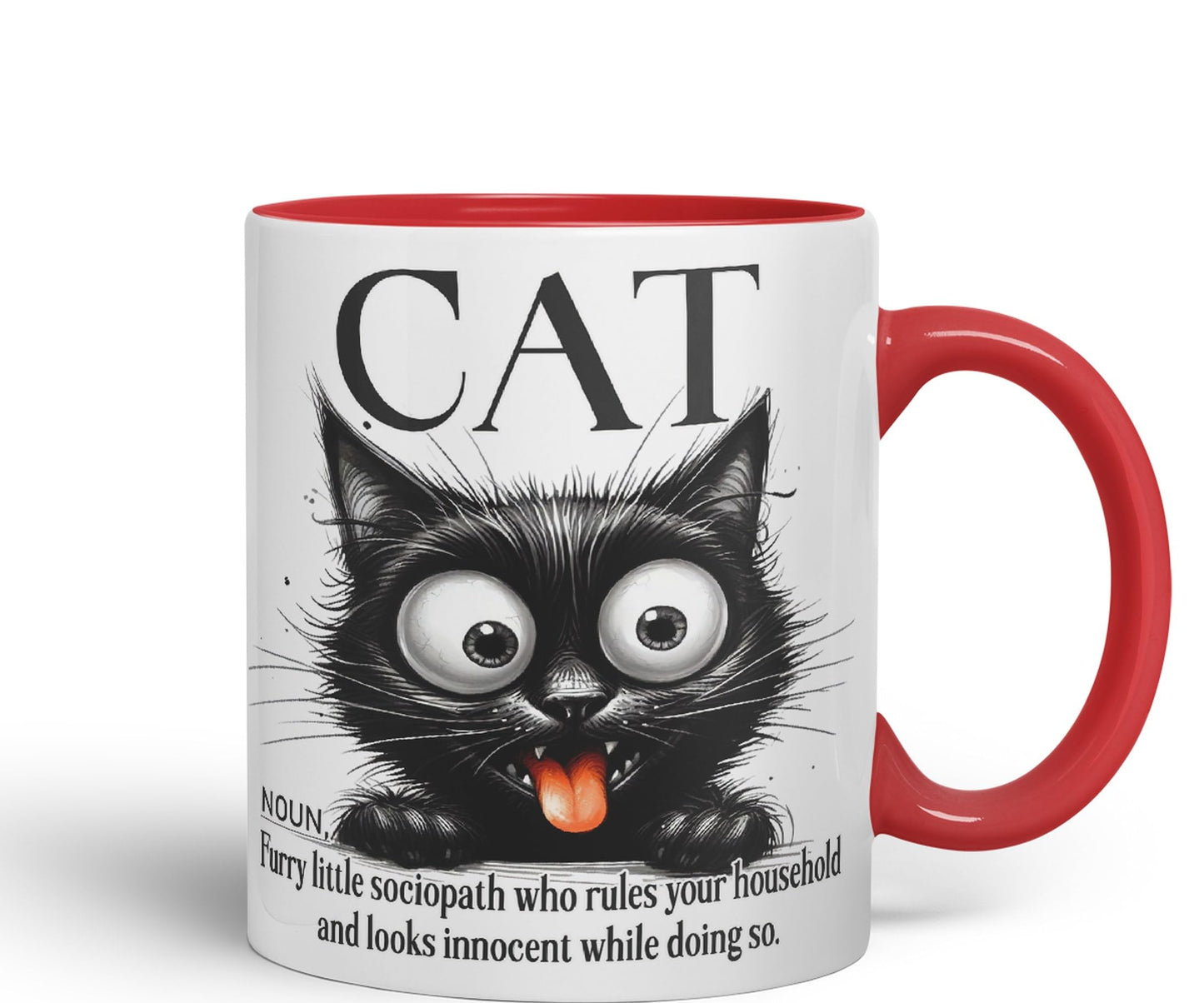 Cat Noun, Furry Little sociapath who Rules Your Household and Looks Innocent White Doing so, Joke sarkasm Sarcastic Ceramic Coloured Mug Cup for Tea Coffee Hot Brew 330ml 11Oz Gift
