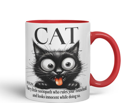 Cat Noun, Furry Little sociapath who Rules Your Household and Looks Innocent White Doing so, Joke sarkasm Sarcastic Ceramic Coloured Mug Cup for Tea Coffee Hot Brew 330ml 11Oz Gift