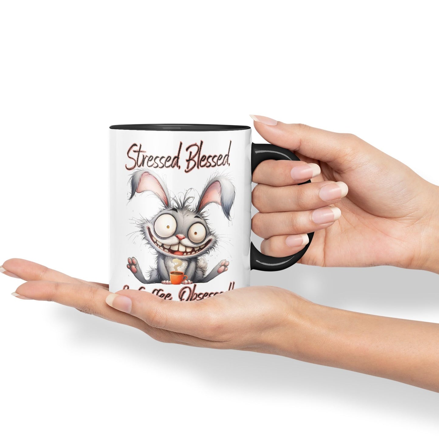 Stressed, Blessed & Coffee Obsessed! Bunny Hare Joke sarkasm Sarcastic Ceramic Coloured Mug Cup for Tea Coffee Hot Brew 330ml 11Oz Gift