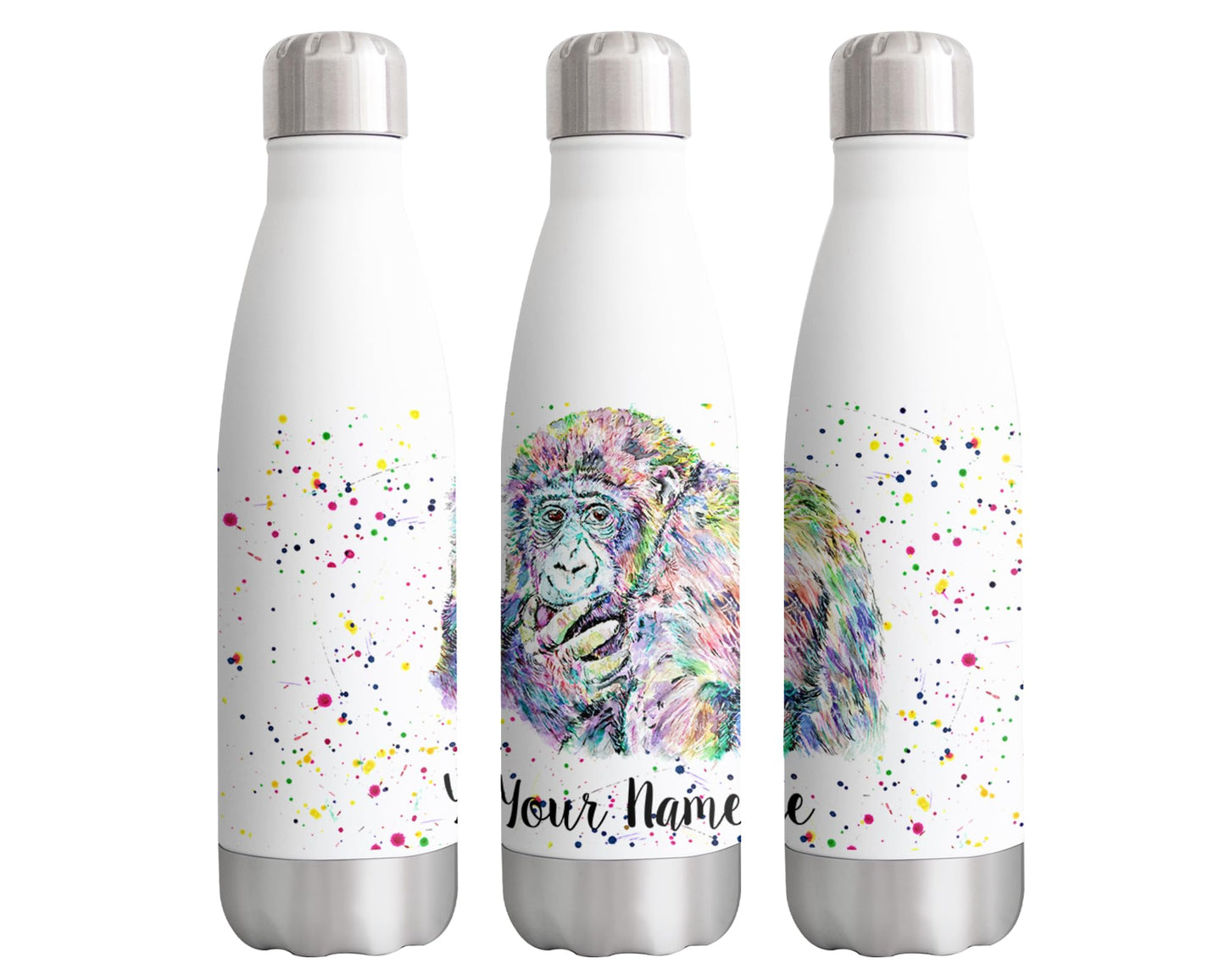 Vixar Gorilla Personalised Custom Bottle with your Text/name Ape Monkey animals Watercolour Animals Bottle Double Wall Insulated Stainless Steel Sport Drinks 500ml