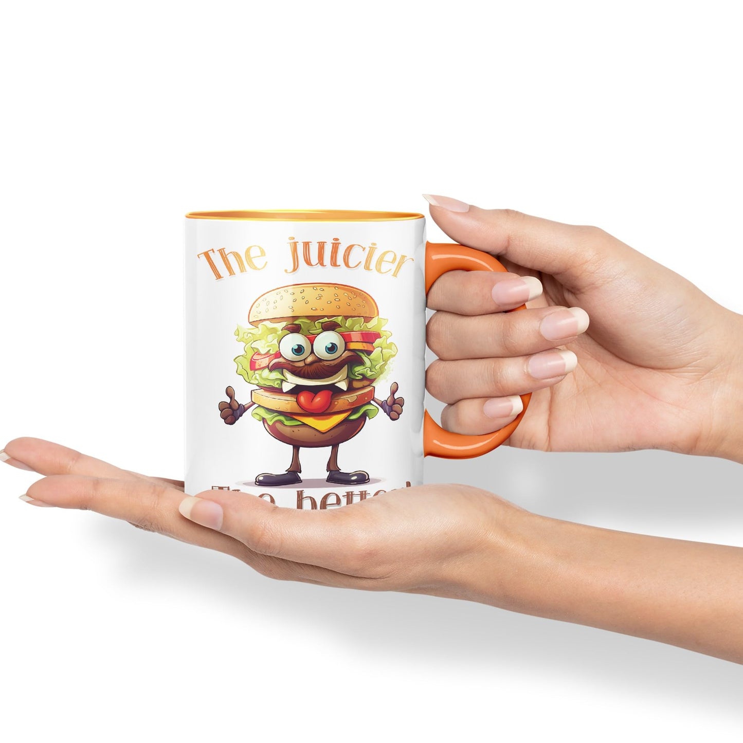 The Juicier The Better Burger, Joke sarkasm Sarcastic Ceramic Coloured Mug Cup for Tea Coffee Hot Brew 330ml 11Oz Gift