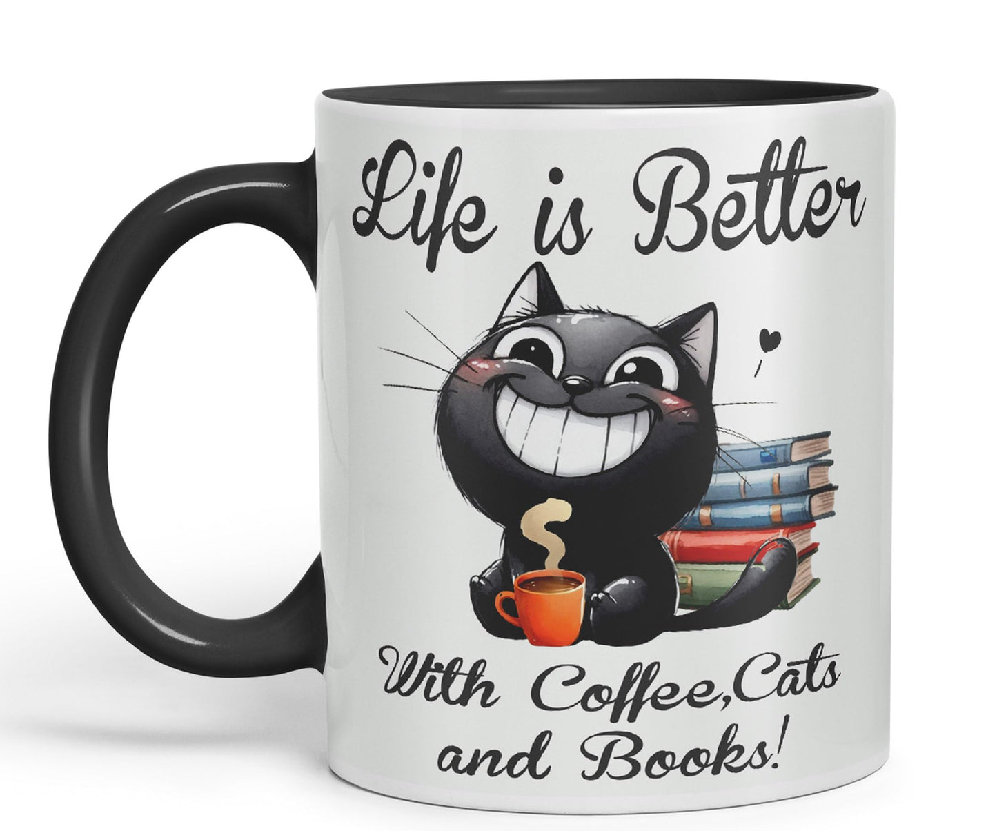 Life is Better with Coffee, Cats and Books, Cat Kitten Joke sarkasm Sarcastic Ceramic Coloured Mug Cup for Tea Coffee Hot Brew 330ml 11Oz Gift